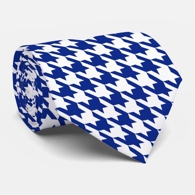 White Royal Blue Pied de Poule Houndstooth Tie (Rolled)