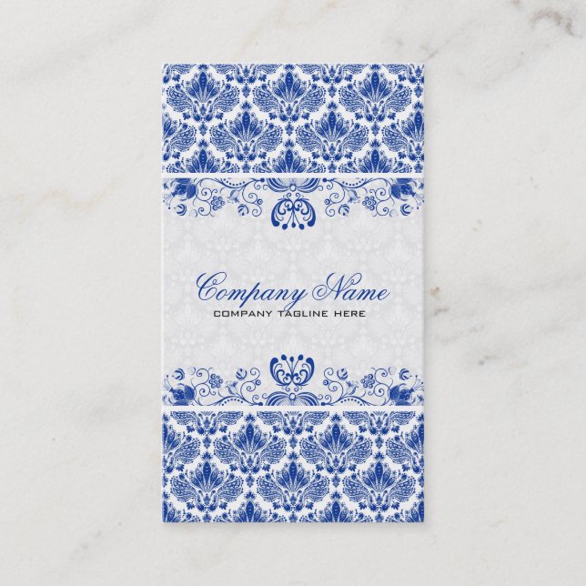 White & Royal Blue Retro Floral Damasks Pattern Business Card (Front)