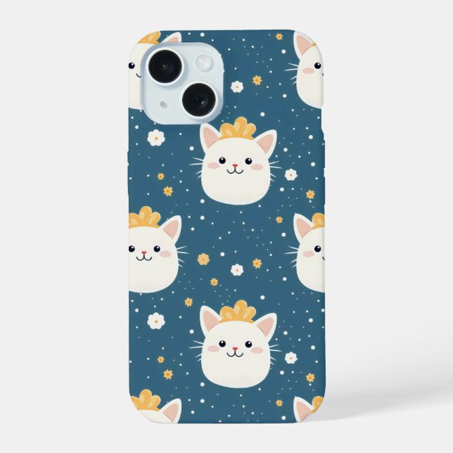 White Royal Cat Pattern iPhone 15 Case (Back)