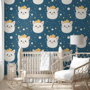 White Royal Cat Pattern Wallpaper