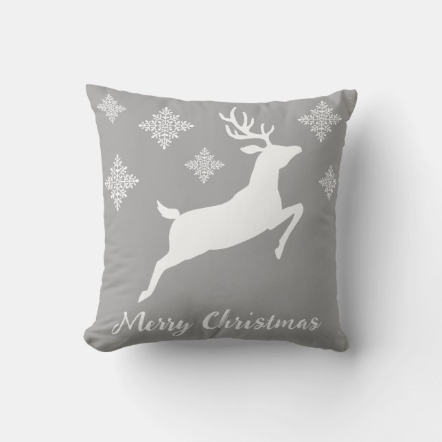 White Running Reindeer On Grey With Snowflakes Cushion (Front)