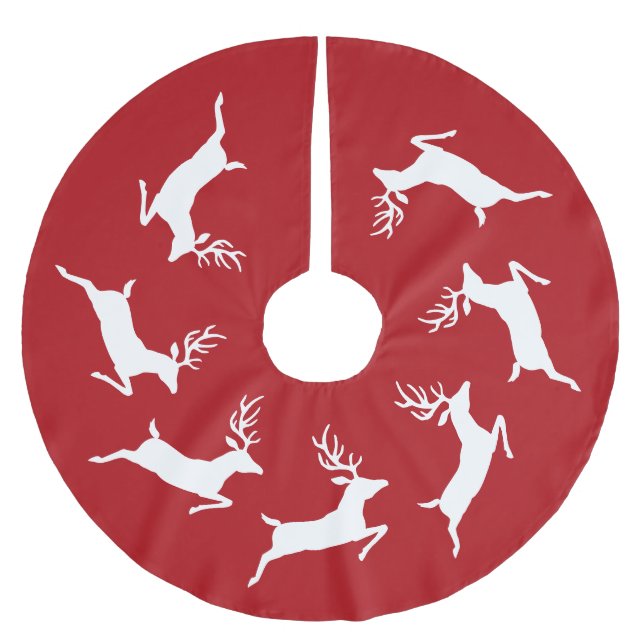 White Running Reindeer Silhouettes On Red Brushed Polyester Tree Skirt (Front)