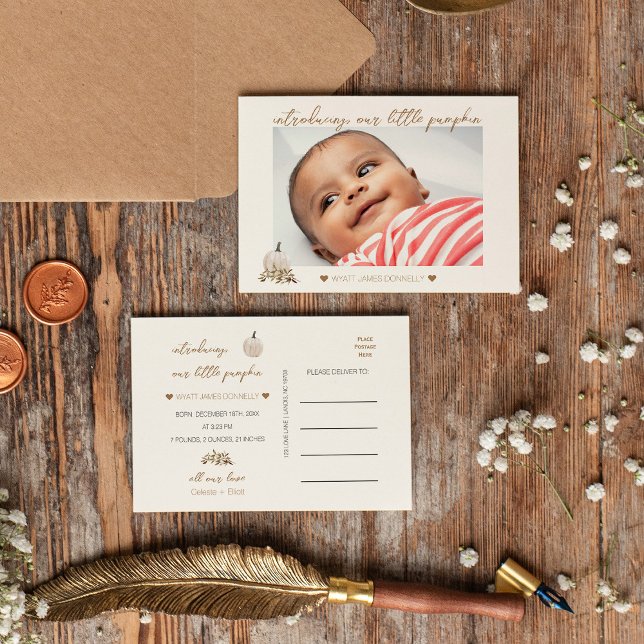 White Rustic Boho Pumpkin Photo Birth Announcement Postcard (Creator Uploaded)