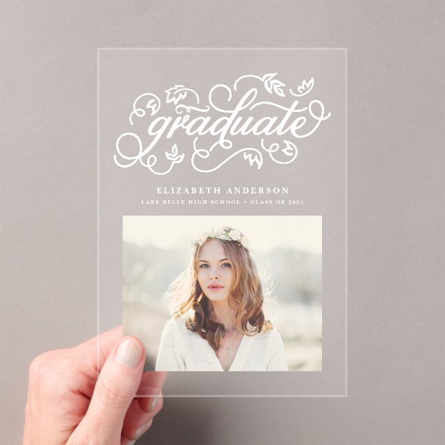 White Rustic Calligraphy Photo Graduation Acrylic Invitations (Insitu (Handheld))