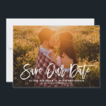 White Rustic Calligraphy Photo Save Our Date Save The Date<br><div class="desc">Stylish save the date announcement featuring rustic modern calligraphy with green leaves pattern. This will be a perfect save the date for spring and summer wedding. You can customise the back by adding your own pattern or adding another photo.</div>