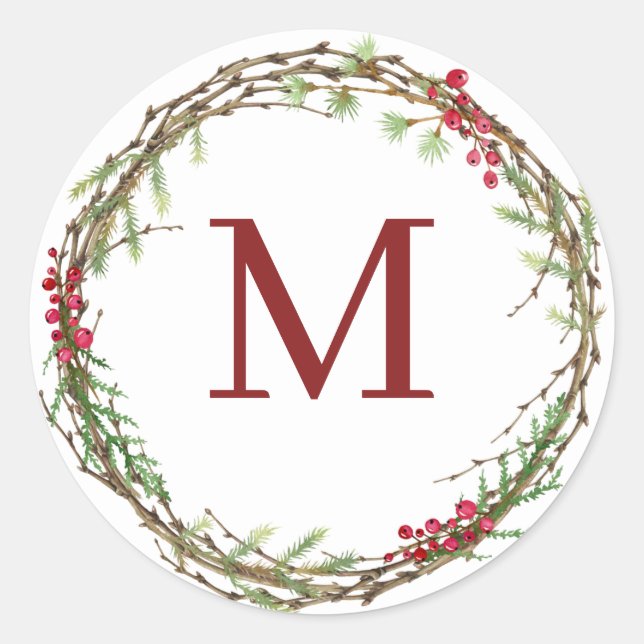 White Rustic Christmas Wreath Monogram Classic Round Sticker (Front)