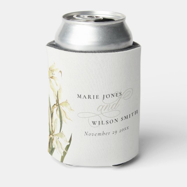 White Rustic Daffodil Floral Watercolor Wedding Can Cooler (Can Back)