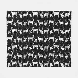 White Rustic Deer on Black Fleece Blanket