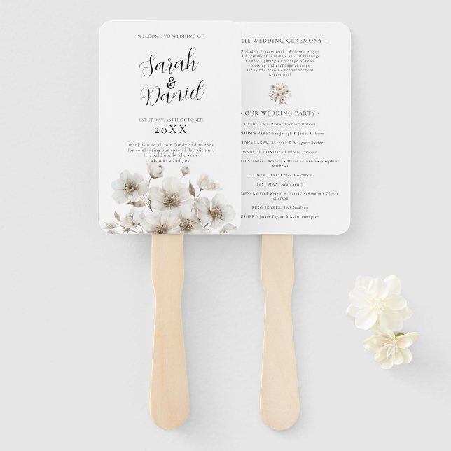 White Rustic Flower Elegant Wedding Hand Fan (Front and Back)