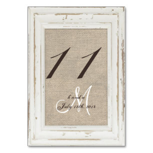 White Rustic Frame and Burlap Table Number Card
