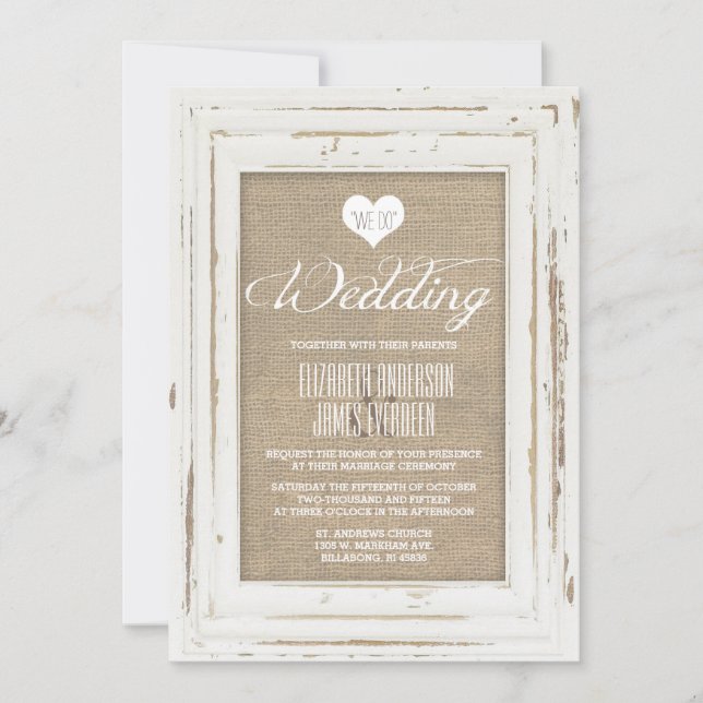 White Rustic Frame Burlap Wedding Invitation (Front)
