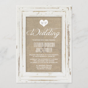 White Rustic Frame Burlap Wedding Invitation