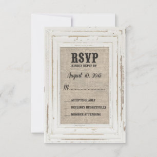 White Rustic Frame & Burlap Wedding Kelly Custom RSVP Card