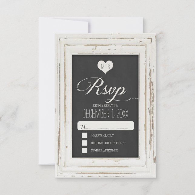 White Rustic Frame Chalk Wedding RSVP Card 3 (Front)