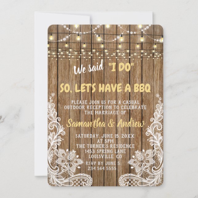 White Rustic Lace String Lights I DO BBQ Invite (Front)