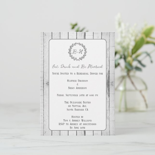 White Rustic Monogram Rehearsal Dinner Invitation (Standing Front)