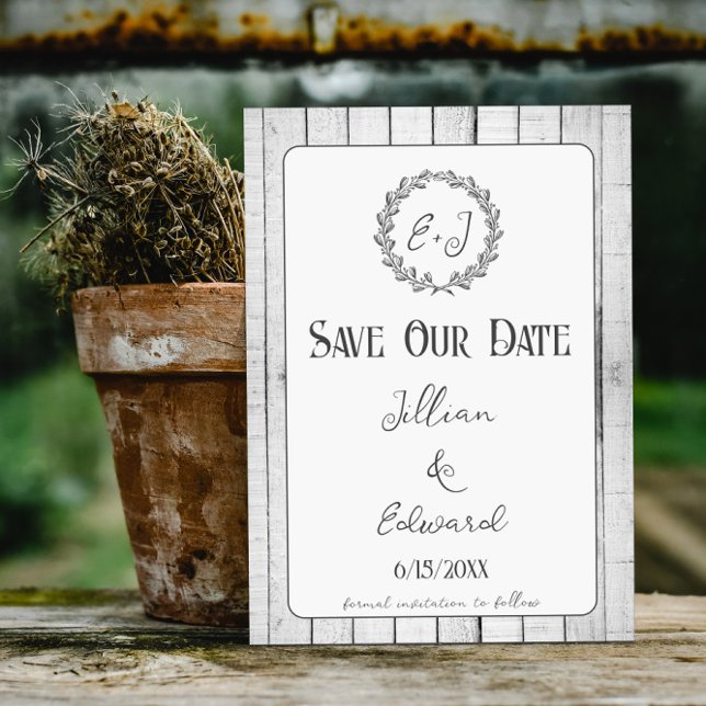 White Rustic Monogram Save The Date Announcement (White Rustic Monogram Save the Date)
