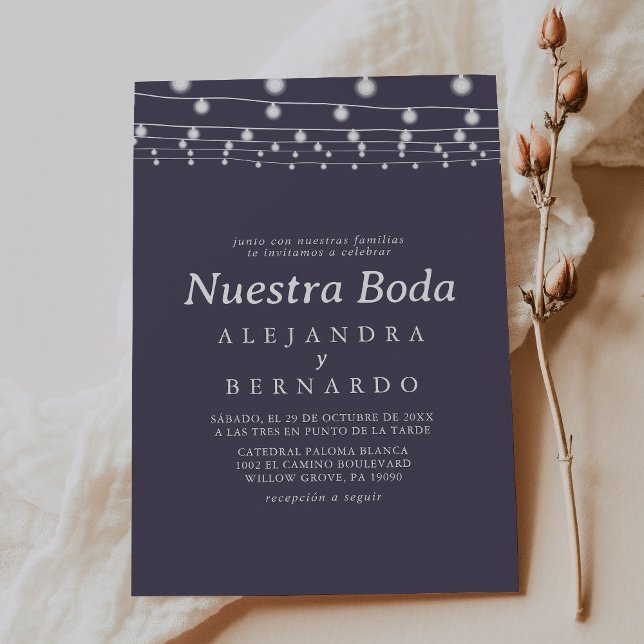 White Rustic String Lights Nuestra Boda Wedding Invitation (Creator Uploaded)
