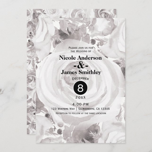 White Rustic Winter Roses Elegant Wedding Invitation (Front/Back)