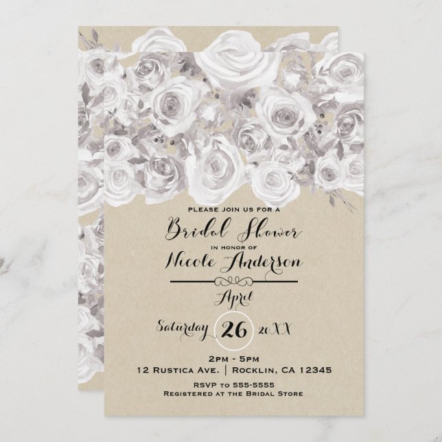 White Rustic Winter Roses Kraft Bridal Shower Invitation (Front/Back)