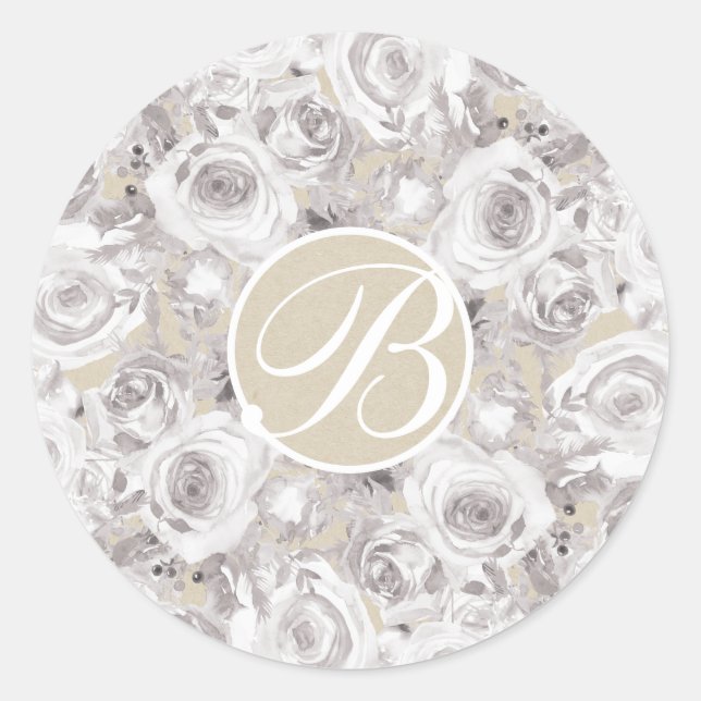 White Rustic Winter Roses Monogram Letter Initial Classic Round Sticker (Front)