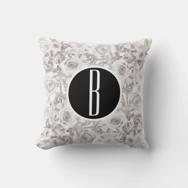 White Rustic Winter Roses Monogram Letter Initial Cushion (Front)