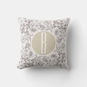White Rustic Winter Roses Monogram Letter Initial Cushion