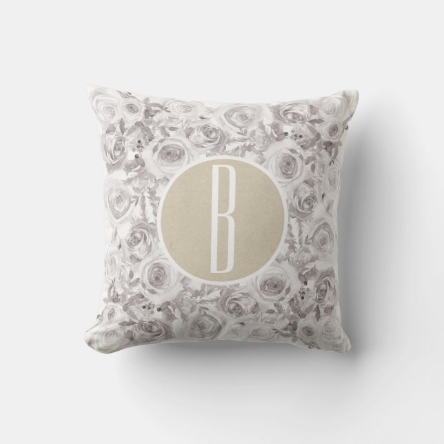 White Rustic Winter Roses Monogram Letter Initial Cushion (Front)