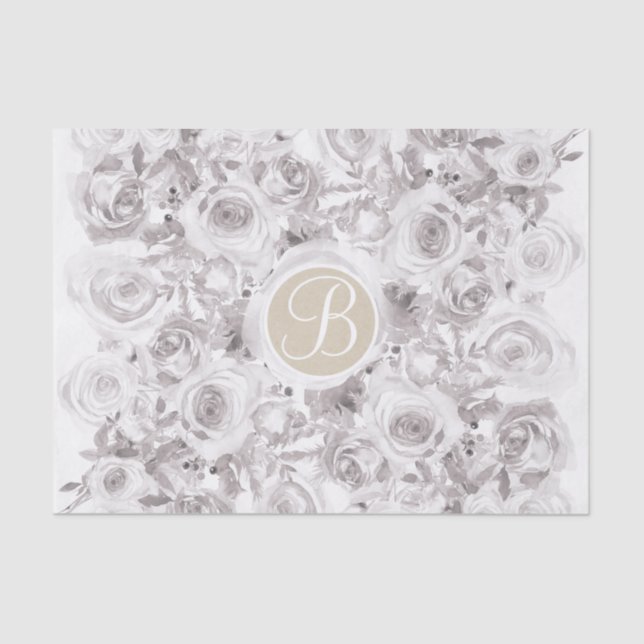 White Rustic Winter Roses Monogram Letter Initial Tissue Paper (Front)