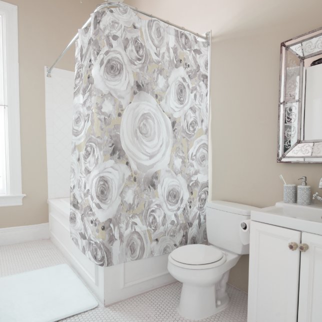 White Rustic Winter Roses Shabby Chic Kraft Shower Curtain (In Situ)