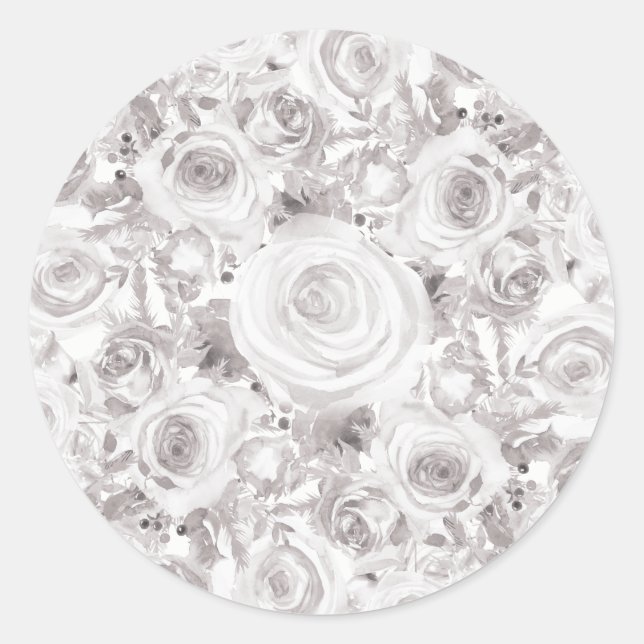 White Rustic Winter Roses Wedding Elegant Favour Classic Round Sticker (Front)