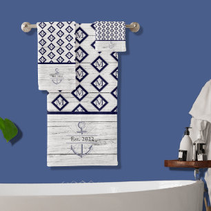 White Rustic Wood Beach House Lake House Navy Blue Bath Towel Set