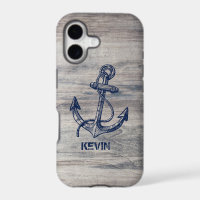 White Rustic Wood With Blue Nautical Boat Anchor