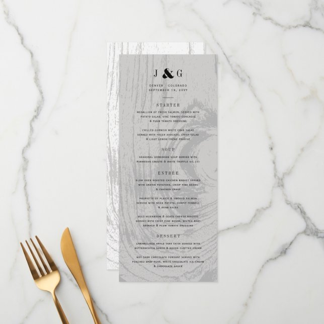 White Rustic Woodgrain Simple Chic Winter Wedding Menu (Front/Back In Situ)