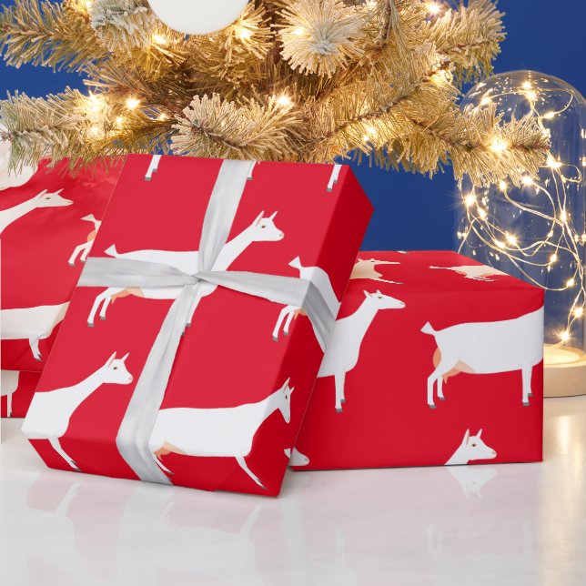 White Saanen Dairy Goat Farm on Red Wrapping Paper (Holidays)