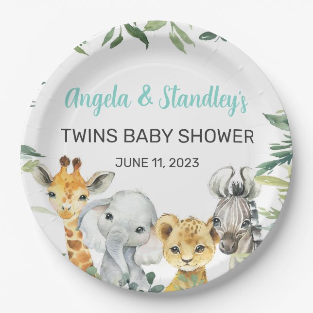 White safari animals baby shower paper plates. paper plate (Front)
