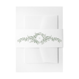 white sage green botanical wreath monogram wedding invitation belly band