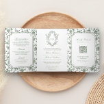 White Sage Green Chinoiserie Crest QR Code Wedding Tri-Fold Invitation<br><div class="desc">Amaze your guests with this elegant wedding invite featuring a beautiful victorian crest with intricate chinoiserie pattern and QR code for online RSVP. Simply add your event details on this easy-to-use template and adorn this card with your favourite photo to make it a one-of-a-kind invitation.</div>