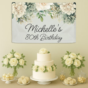 White Sage Green Floral 80th Birthday Banner