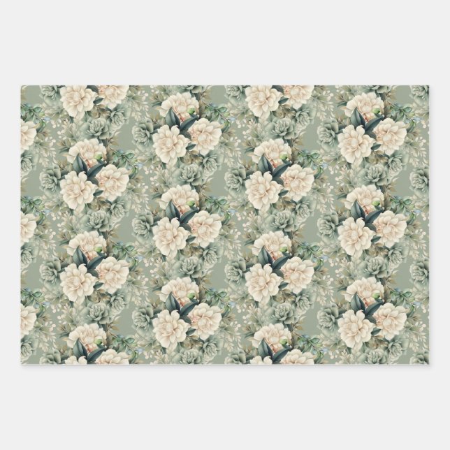 White Sage Green Floral Botanical Gift Wrapping Paper Sheet (Front)