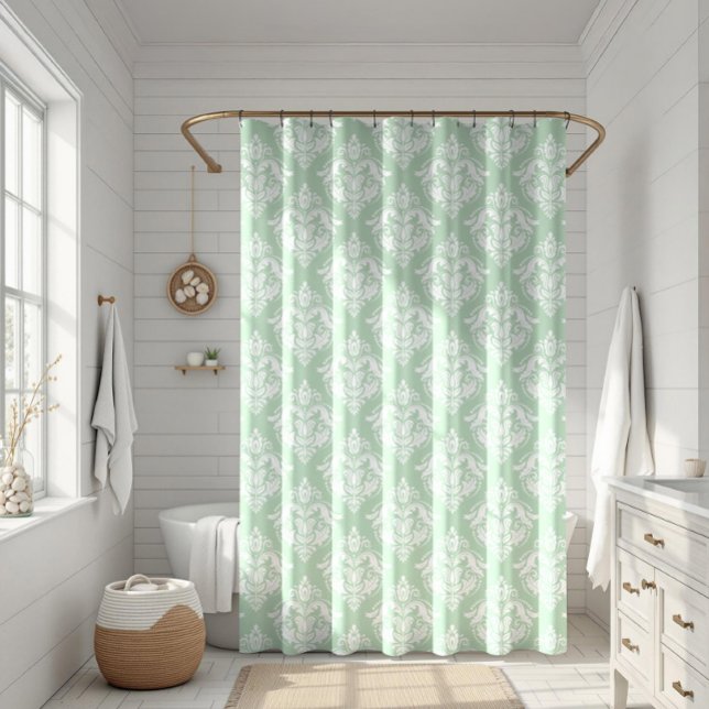 White & Sage Green Floral Damasks Pattern Shower Curtain (Creator Uploaded)