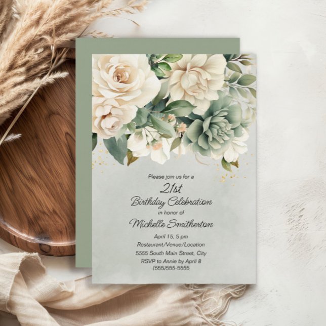 White Sage Green Floral Gold 21st Birthday Invitation (White and sage green floral 21st birthday invitation)