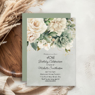 White Sage Green Floral Gold 40th Birthday Invitation