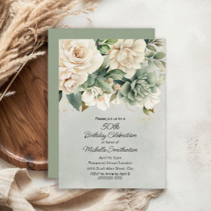 White Sage Green Floral Gold 50th Birthday Invitation