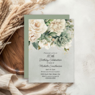 White Sage Green Floral Gold 80th Birthday Invitation