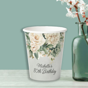 White Sage Green Floral Gold 80th Birthday Paper Cups