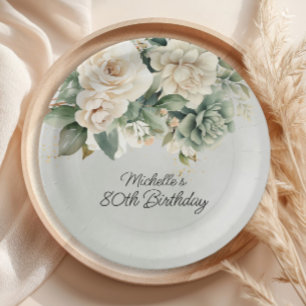 White Sage Green Floral Gold 80th Birthday Paper Plate