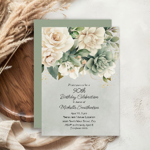 White Sage Green Floral Gold 90th Birthday Invitation