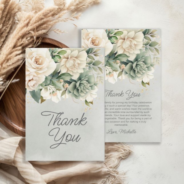 White Sage Green Floral Gold Birthday Thank You (Elegant white and sage green floral birthday party "Thank You" card)
