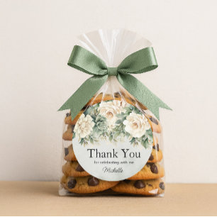 White Sage Green Floral Gold Birthday Thank You Classic Round Sticker
